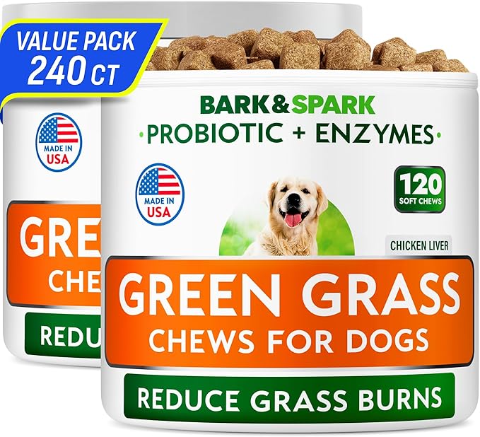 BARK&SPARK Green Grass Chews - Pee Grass Spot Saver Caused by Dog Urine - Urine Neutralizer for Lawn, Gut Health Probiotics & Digestive Enzymes,Lawn Burn from Dog Urine, Grass Burn Spot Chews (240Ct)-PawvioPets
