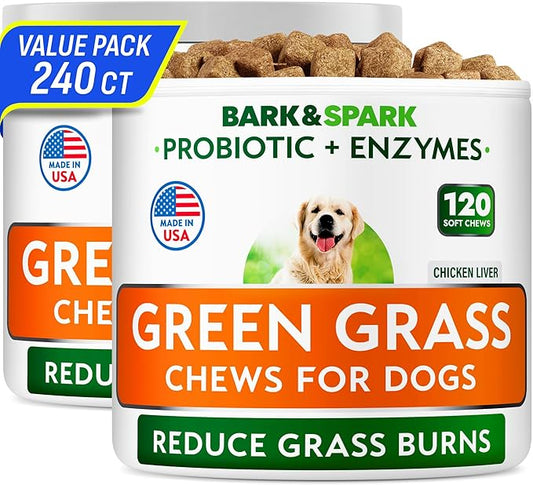 BARK&SPARK Green Grass Chews - Pee Grass Spot Saver Caused by Dog Urine - Urine Neutralizer for Lawn, Gut Health Probiotics & Digestive Enzymes,Lawn Burn from Dog Urine, Grass Burn Spot Chews (240Ct)-PawvioPets