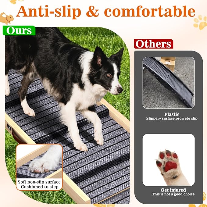 Dog Ramp for Car, 71''x 17'' Extra Long Deluxe Telescoping Design Wooden Pet Ramp, Pet Stair Ramps for Truck SUV with Non-Slip Surface, Portable Outdoor Dog Steps for Medium Large Dogs, Up to 250LBS-PawvioPets