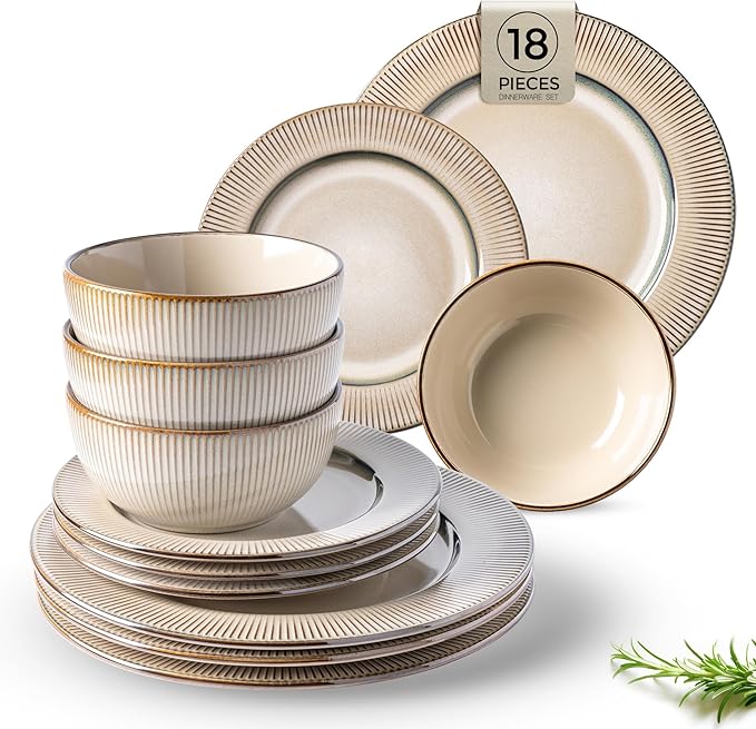 GBHOME Ceramic Dinnerware Sets, 18 Piece Embossed Elegant Stoneware Plates and Bowls Sets, Housewarming Wedding Gift | Dishwasher & Microwave Safe | Dishes Set Service for 8-PawvioPets