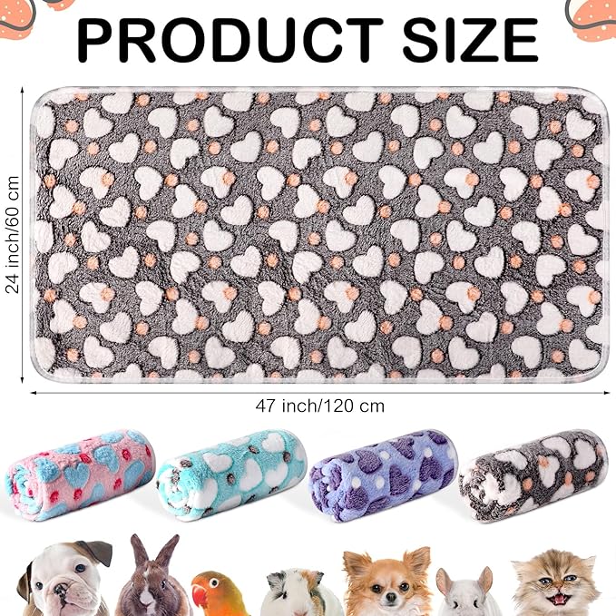 4 Pcs Waterproof Guinea Pig Blankets Washable Small Animal Fleece Bedding Absorbent Guinea Pig Cage Liners Reusable Pet Pee Pad Sleep Mat Pad Cover for Hamster Ferret (Heart Pattern,24 x 47 Inch)-PawvioPets