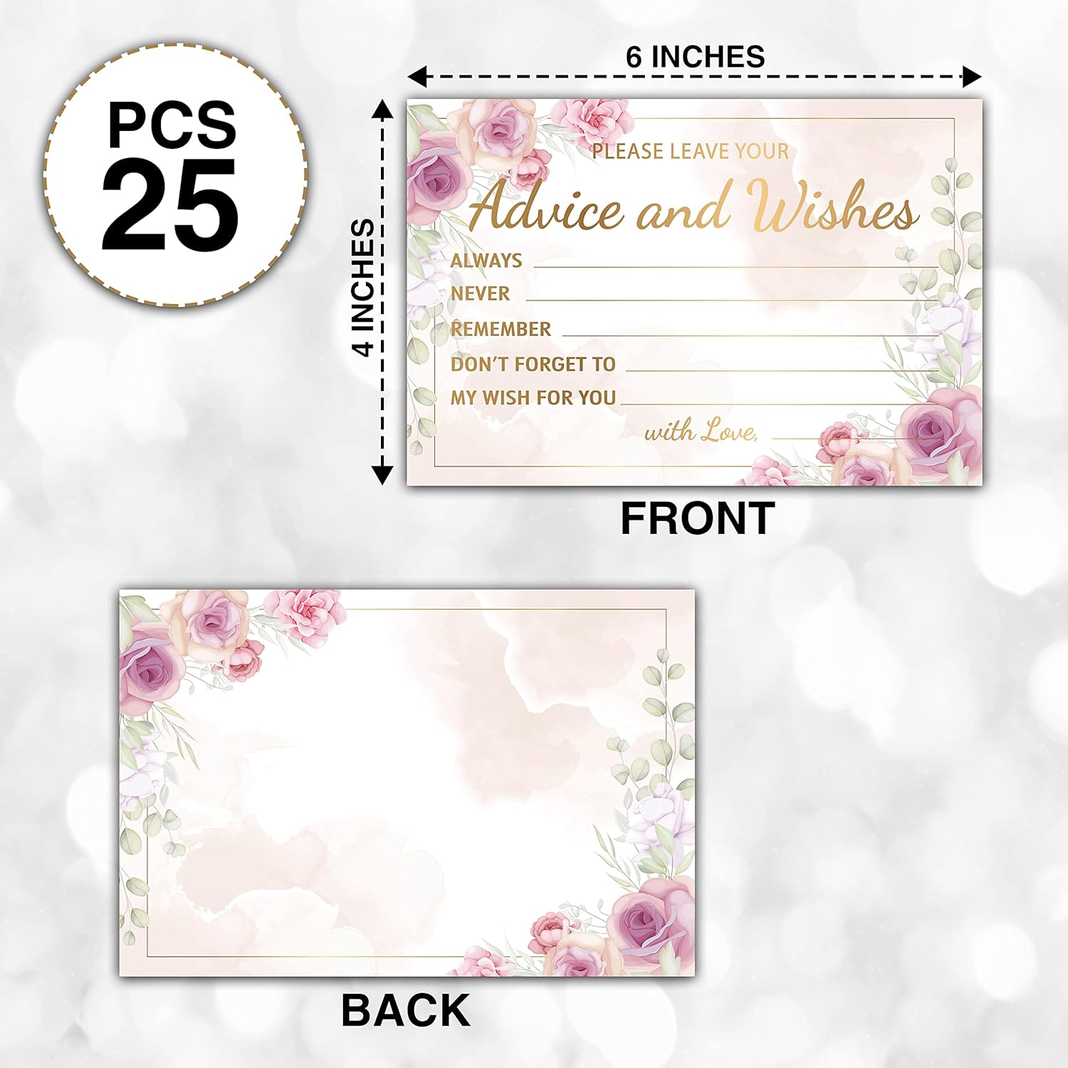Purple Floral Advice and Wishes Cards, 25 Pcs Blush Pink Double Sided Advice Cards for The Bride and Groom, Mr and Mrs, Bride Shower, Wedding Reception, Engagement Party(09)