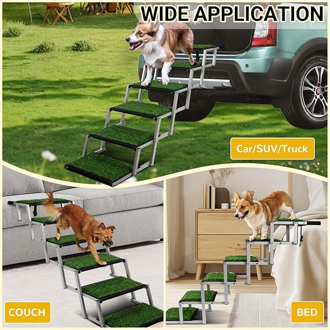 Extra Wide Dog Stairs for Car, Portable Folding Dog Ramps,Doggy Steps for Large Dogs with Non-Slip Grass Rug for Cars, SUV, Trucks, Lightweight Pet Ramp Supports Up to 200 lb, 6 Steps-PawvioPets