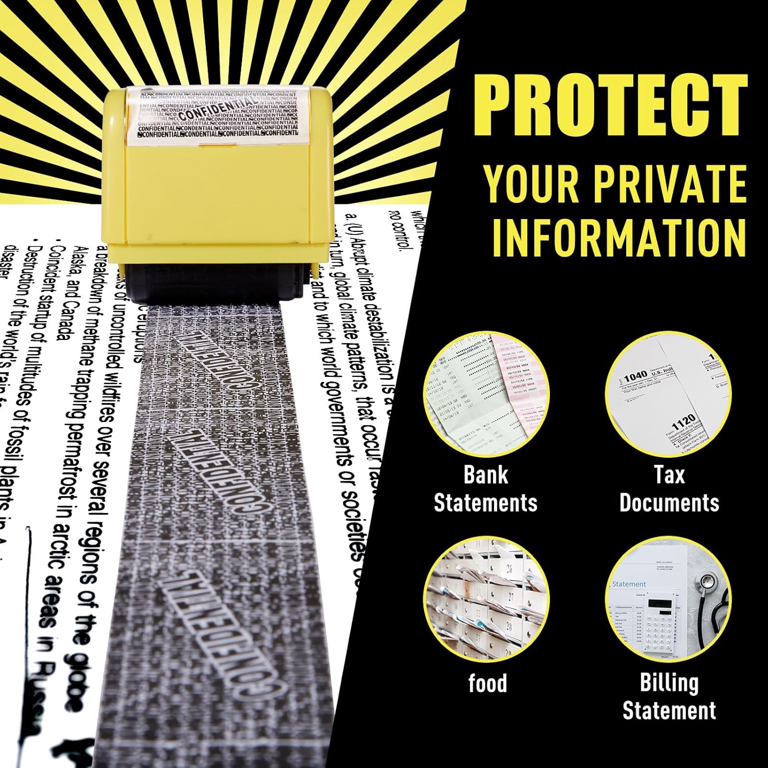 Mimorou 4 Pack Identity Theft Protection Roller Stamps Kit Confidential Privacy Roller Hidden Wide Privacy Stamp 5 Pcs Refills Security Ink for Mail Address Blocker(Yellow)