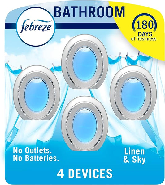 Febreze Bathroom Air Freshener, Odor-Fighting, Plug In Alternative, Air Fresheners for Home and Bathroom and Kitchen, Closet Air Fresheners, Linen & Sky Scent, 4 Count-PawvioPets