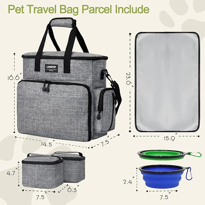 Dog Travel Bag,Weekend Pet Travel Bag Set for Dog and Cat,Airline Approved Tote Multi-Function Dog Bags for Traveling,Include 2 Collapsible Bowls,2 Food Storage Containers,1 Feeding Mat,Gray-PawvioPets
