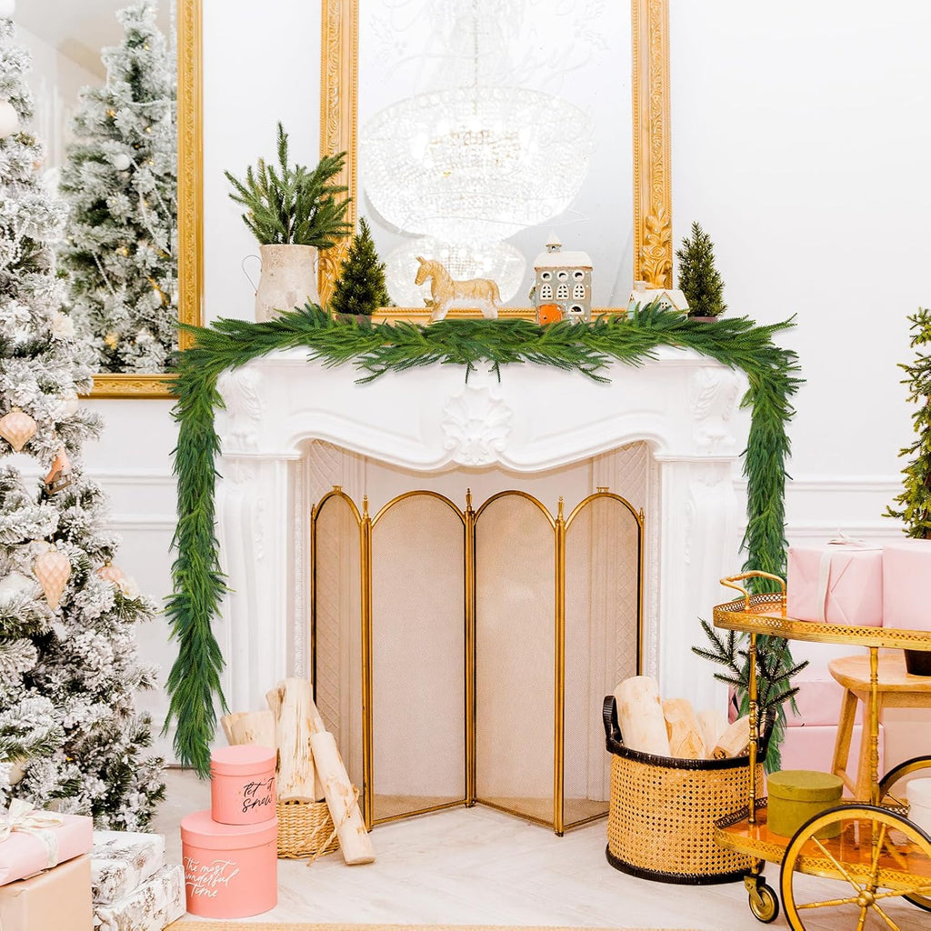 2 Pcs Christmas Decorations Artificial Norfolk Pine Garlands, 6 FT Dense Real Touch Winter Pine Garland Ornament, Green Greenery Garland for Table, Mantle, Wall, Indoor, Outdoor Christmas Decor