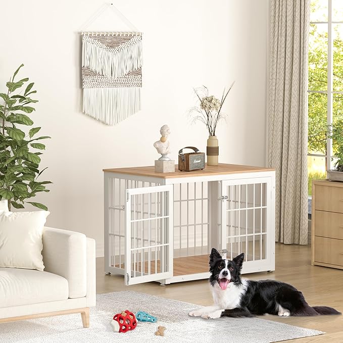 38 Inch Heavy Duty Dog Crate Furniture for Large and Medium Dogs, Decorative Pet House End Table, Wooden Cage Kennel Furniture Indoor, Natural and White-PawvioPets