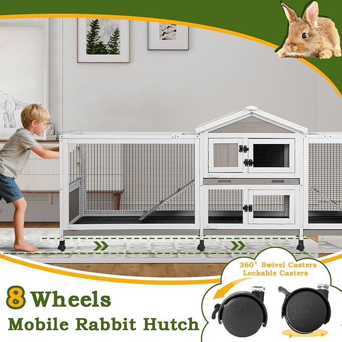 Double Rabbit Hutch Outdoor Indoor Large Bunny Cage with Dual Side Runs, 2-Story Wooden Hutch with 4 Leak Proof Trays, 8 Wheels, Waterproof Roof, Ramp, for Small to Medium Animals-PawvioPets