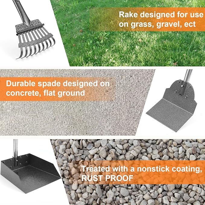 Dog Pooper Scooper, Adjustable Handle Poop Scooper with Tray,Rake and Spade Set of 3, Steel Stainless Poop Scoop for Medium Large Dogs and Pet Waste on Grass, Dirt and Gravel (Large Size)-PawvioPets