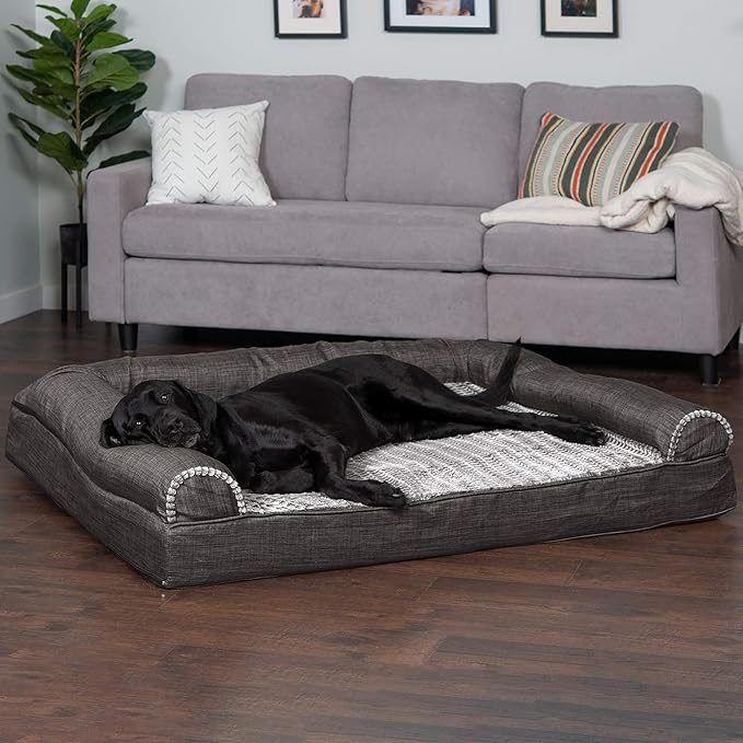 Furhaven Orthopedic Dog Bed for Large Dogs w/ Removable Bolsters & Washable Cover, For Dogs Up to 125 lbs - Luxe Faux Fur & Performance Linen Sofa - Charcoal, Jumbo Plus/XXL-PawvioPets