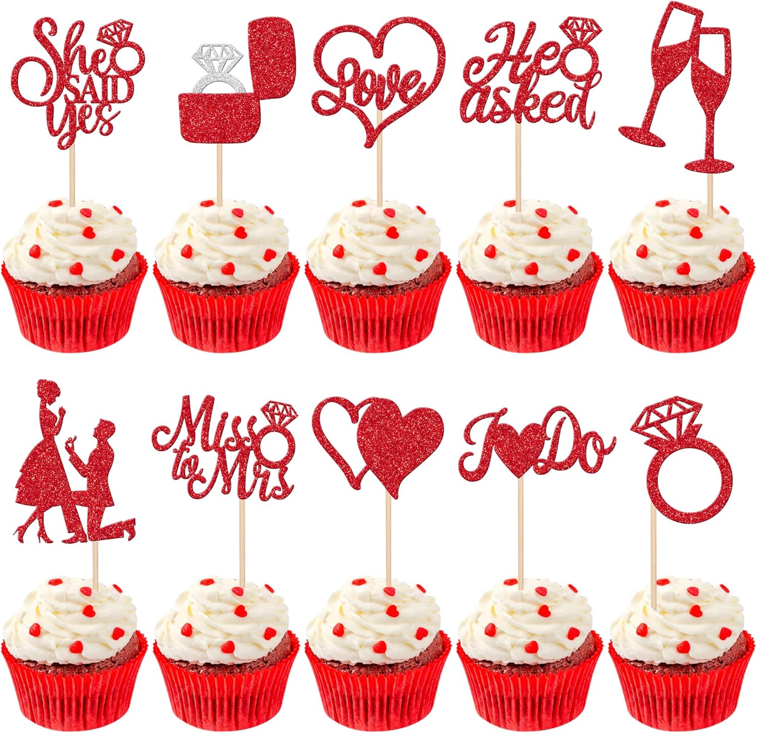 30 PCS He Asked She Said Yes Cupcake Toppers Glitter Engagement Cupcake Toppers Miss to Mrs I Do Love Heart Ring Miss to Mrs Cupcake Picks for Wedding Engagement Party Cake Decorations Supplies Red