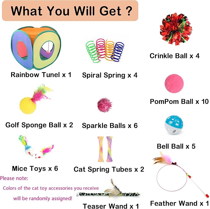 42pcs Interactive Cat Toys Kit - Multi-Activity Kitten Toy Set with Collapsible Tunnel, Feather Wand & Bell, Cat Balls Toys - Indoor Play Enrichment Supplies for Adult Cats & Kittens-PawvioPets