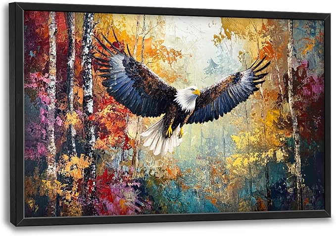 Extra Large Framed Bald Eagle Wall Art,Abstract Colorful Forest Wall Decor,Autumn Fall Forest Pictures for Living Room,Canvas Print Painting Modern Artwork Bedroom Office Home Decor 36L x 24W-PawvioPets