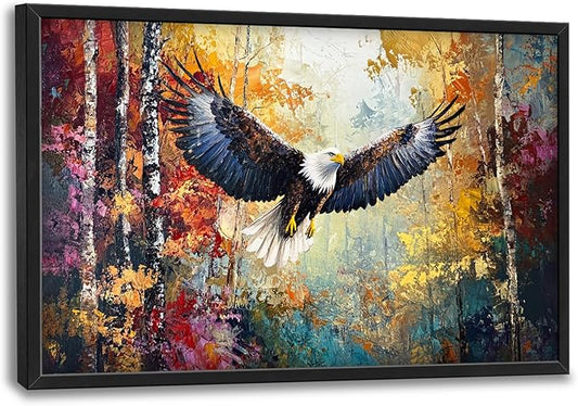 Extra Large Framed Bald Eagle Wall Art,Abstract Colorful Forest Wall Decor,Autumn Fall Forest Pictures for Living Room,Canvas Print Painting Modern Artwork Bedroom Office Home Decor 36L x 24W-PawvioPets