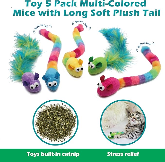 5 Pack Interactive Catnip and Feather Cat Toys, Multi-Colored Mice with Long Feather Tail, Accessories for Indoor Cat, Catnip Plush Toys with Natural Feathers and Rattles-PawvioPets