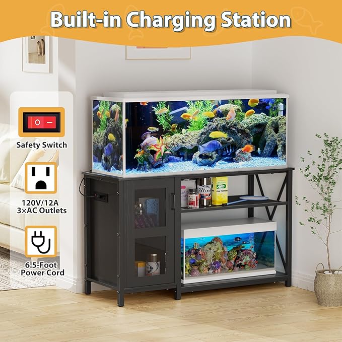 55-75 Gallon Fish Tank Stand , Aquarium Stand with Cabinet & Power Outlets for Fish Tank Accessories Storage, Heavy Duty Metal Terrarium Stand, 52" L*19" W Tabletop, 1200LBS Capacity, Black-PawvioPets