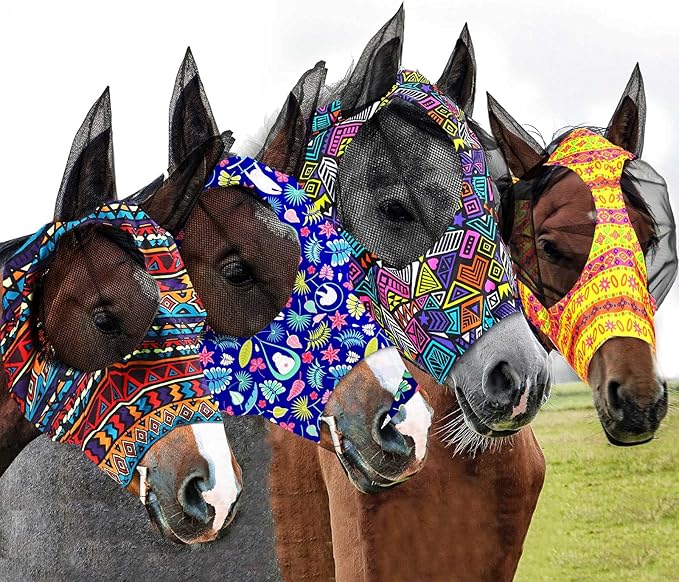 Frienda 4 Pieces Horse Fly Masks with Ears Face Covering UV Protection from Insect Pests Elasticity Smooth Comfortable Mesh Horse Mask Accessories(Geometric,Large)-PawvioPets