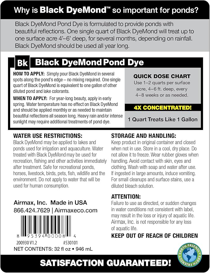 Airmax Black DyeMond Pond Dye 4X Concentrate for Outdoor Ponds & Lakes, Natural Pond Colorant & Beauty Enhancer, Block Ultraviolet Rays, Fish, Bird & Livestock Safe, Easy Liquid Application, 1 Quart-PawvioPets