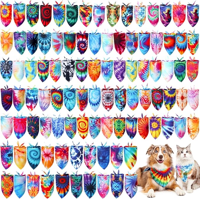 200 Pcs Dog Bandanas Bulk Pet Bibs Colorful Triangle Scarf Pet Bandanas for Medium Large Dogs Spring Summer Birthday Costume Decoration (Tie Dye)-PawvioPets