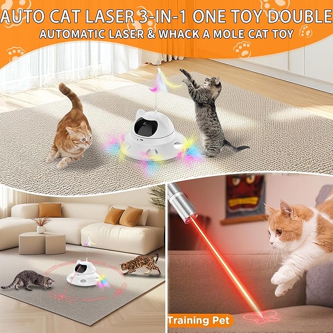 Cat Laser Toy,3-in-1Interactive Cat Toys Automatic Cat Toy with 360° Random Laser & Interactive Feather - 5 Laser PatternsUSB Rechargeable Motion Activated Moving - Fun Toys for Indoor Cats & Kittens-PawvioPets