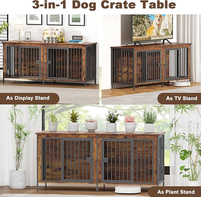 EasyCom 63" Dog Cage Furniture for 2 Pets with Divider, XL Wooden Double Dog Crate Furniture TV Stand for Mideum Breed, Durable and Sturdy-PawvioPets
