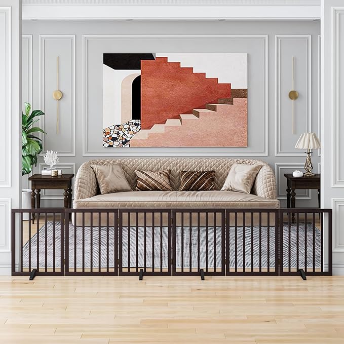 Dog Gates for The House Doorways Extra Wide 110 Inches Wood Freestanding Pet Gates for Dogs Indoor Fence with Support Stands-PawvioPets