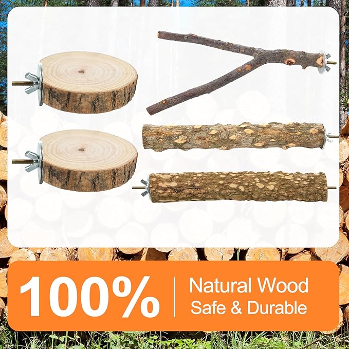 Bird Perch Stand, Pole Standing Natural Wood Bird Perch Set 7PCS Paw Grinding Fork Parrot Cage Branch with Rope Cage Accessories Toys for Parakeets, Cockatiels, Conure, Budgies-PawvioPets