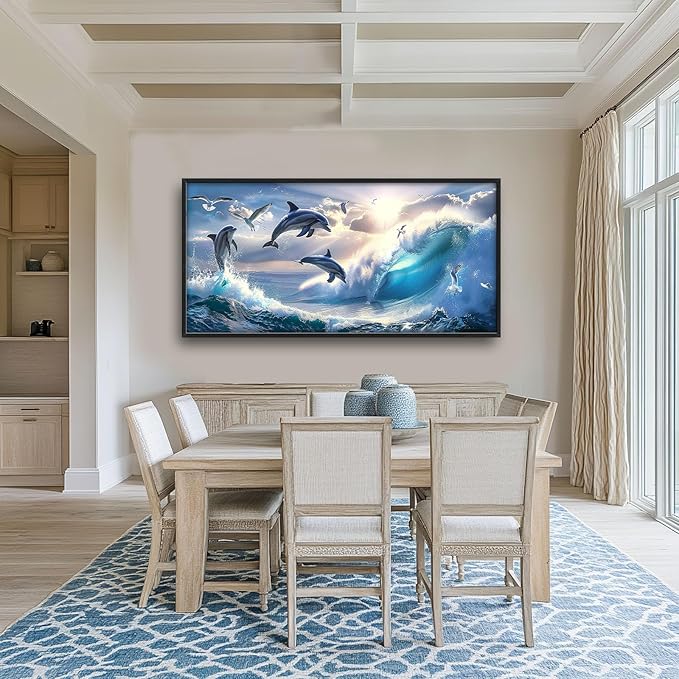 Dolphin Seagull Large Wall Art Sea Ocean Waves Sunrise Pictures Wall Decor Nautical Coastal Canvas Print Painting Artwork for Bathroom Living Room Bedroom 60L" x 30W"-PawvioPets