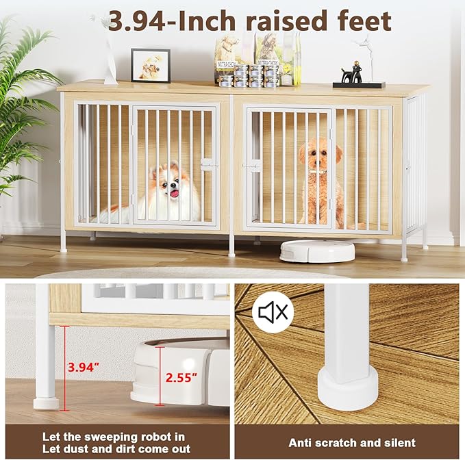 EasyCom 63" Dog Cage Furniture for 2 Pets with Divider, XL Wooden Double Dog Crate Furniture TV Stand for Mideum Breed, Durable and Sturdy-PawvioPets