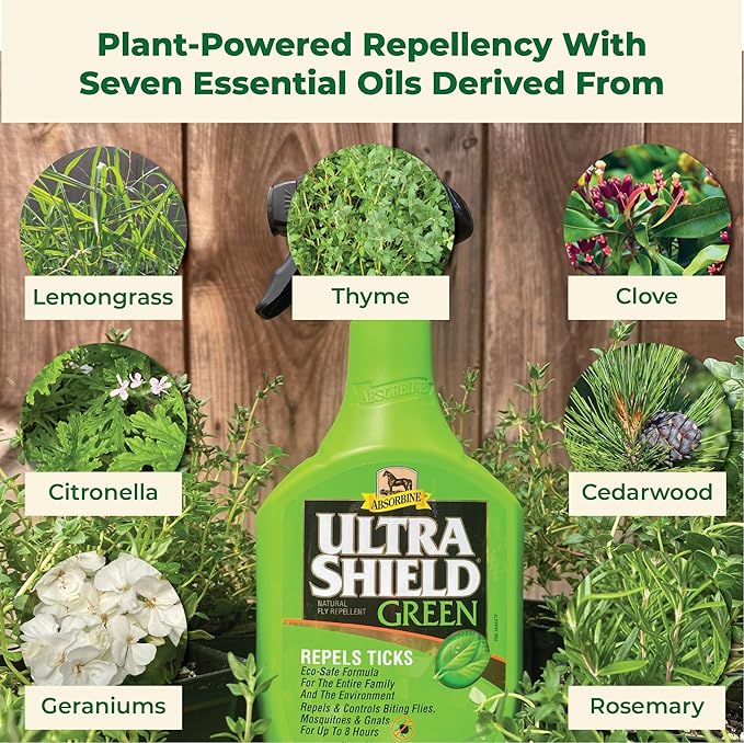 Absorbine UltraShield Green All-Natural Fly & Insect Repellent for Horses & Dogs, Essential Oils Repel & Control, 32oz Spray Bottle-PawvioPets