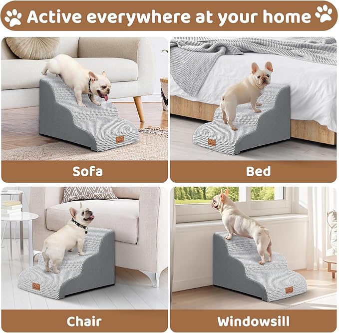 Dog Ramp and Stair for Bed 16" H-20 H,3-Step Cat Stair for Sofa and Chair,4-Step Dog Ramp for High Bed and Window,Durable Nonslip Fabric Cover for Indoor (Light Grey-16 H, Pet Friendly, 3)-PawvioPets