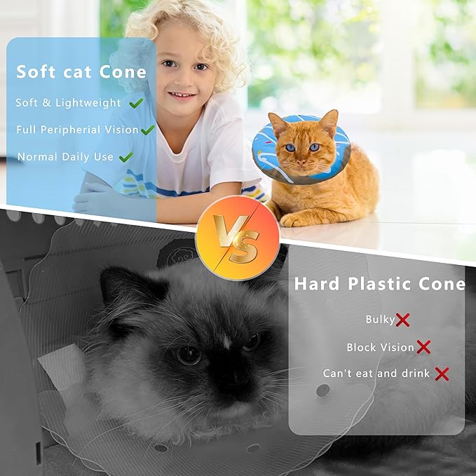 Cat Cone Collar Soft, Adjustable Cat Recovery Collar Kitten Cones to Stop Licking, Cute Donut E Collar After Surgery, Cats Neck Pillow Elizabethan Cones of Shame (Waterproof Blue, Large)-PawvioPets