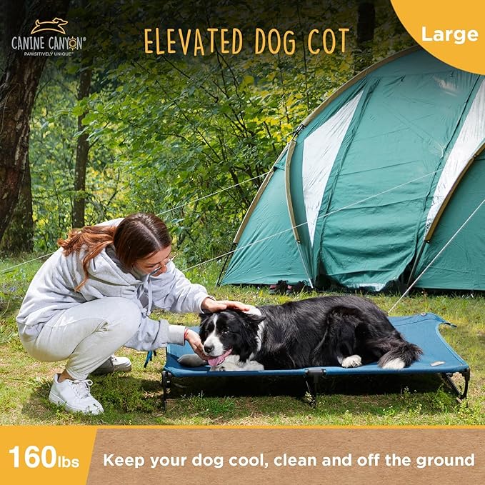 Folding Raised Dog Cot, Large Outdoor Elevated Dog Bed, Cooling Chew Proof Pet Cots Bed, Portable, Heavy Duty Up to 160 lbs, Pet Cot for Camping, Home, Dark Blue, 43"x27"x7"-PawvioPets