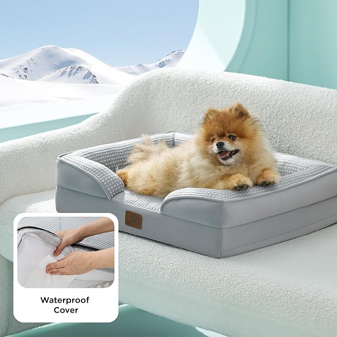 Bedsure Orthopedic Dog Beds for Small Dogs - Washable Small Dog Cat Bed Waterproof, Comfort Pet Couch Sofa with Washable Removable Cover, Pets Bed with Nonskid Bottom, Cooling Grey, 24"-PawvioPets