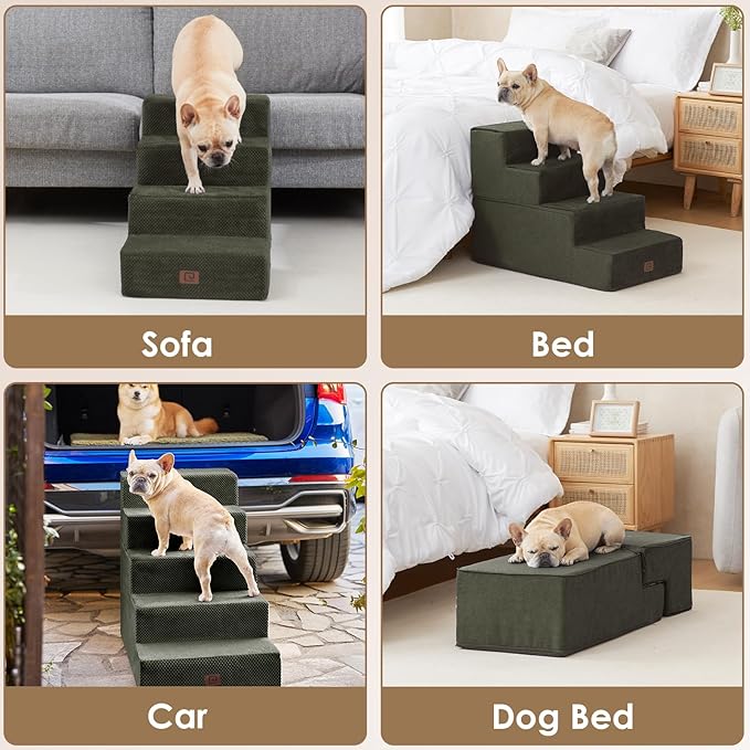 EHEYCIGA Dog Stairs for Bed 20" H, 4-Step Extra Wide Dog Steps for High Bed, Pet Steps for Small Dogs and Cats, Non-Slip Balanced Pet Ramp Indoor, Olive Green-PawvioPets