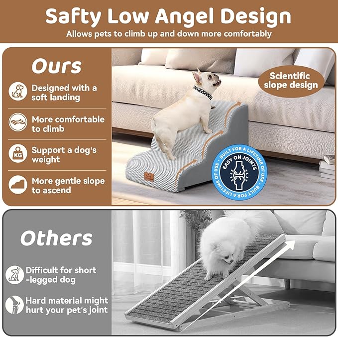 Dog Ramp and Stair for Bed 16" H-20 H,3-Step Cat Stair for Sofa and Chair,4-Step Dog Ramp for High Bed and Window,Durable Nonslip Fabric Cover for Indoor (Light Grey-16 H, Pet Friendly, 3)-PawvioPets