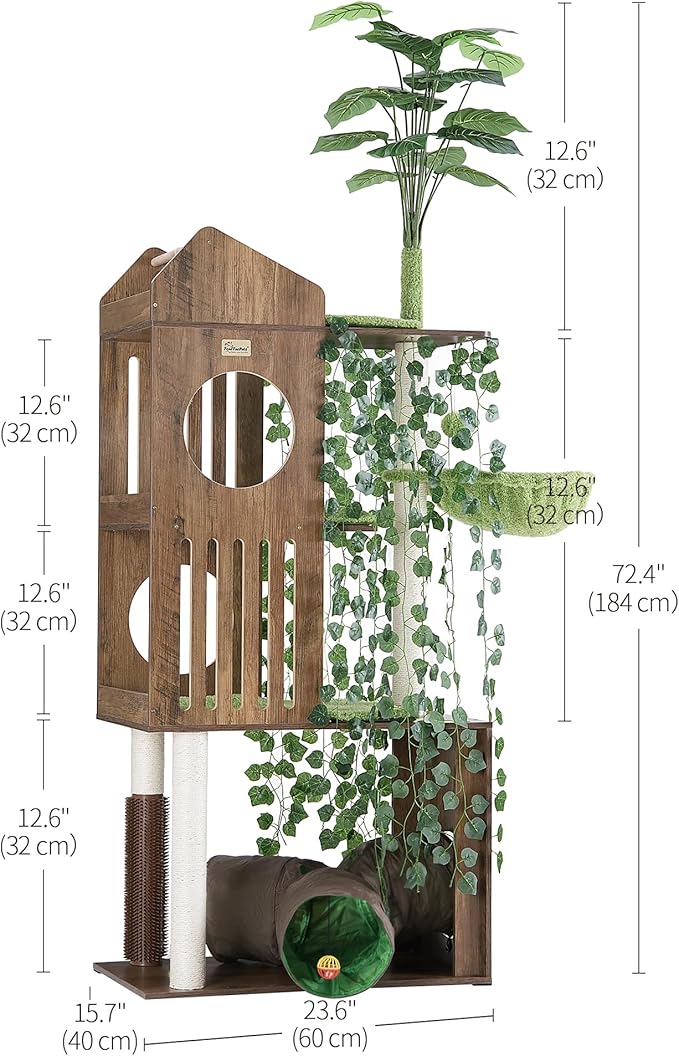 FourFurPets Large Cat Tree with Leaves, 72.8-Inch Cat Tower for Indoor Cats, Modern Cat Tree with Scratching Post, Large Perch, Tunnels, Swing Ball, Self Groomer, Greige-PawvioPets