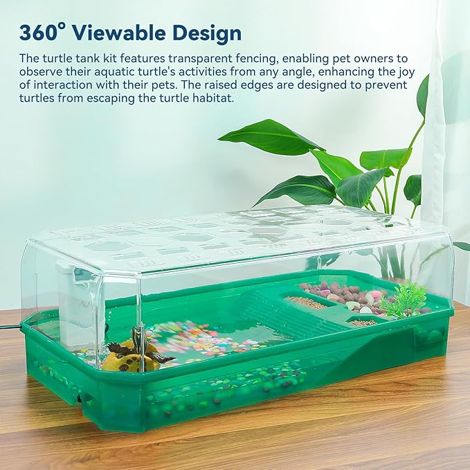 Aquatic Turtle Tank Habitat Kit Stone+Filter+Heat Lamp Enhancing Interaction with 360° Viewing, Standalone Filtration, DIY Creative Zone, Enriched Living (Green, L[Without Light])-PawvioPets
