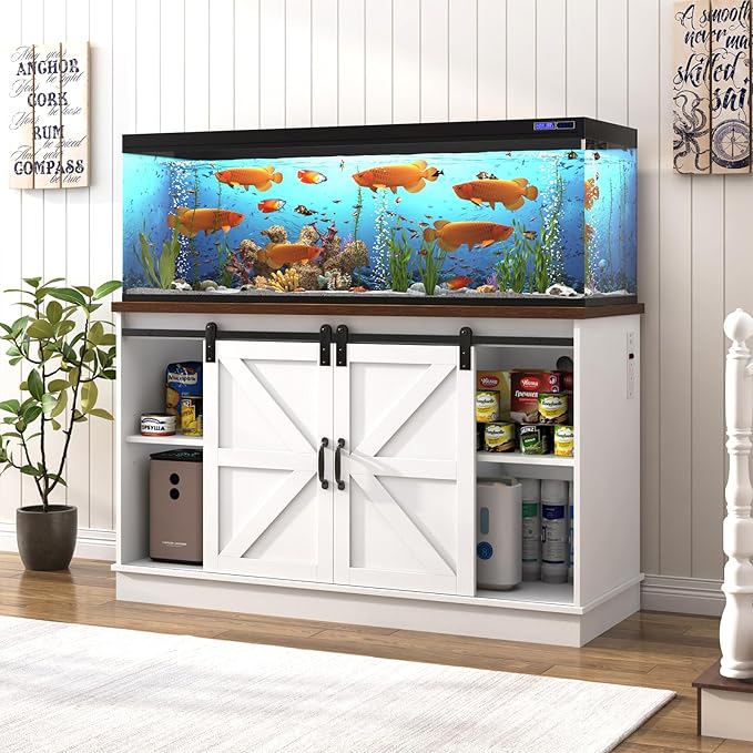 Farmhouse 55-75 Gallon Fish Tank Stand with Power Outlet, Aquarium Stand with Cabinet&Sliding Barn Door, Heavy Duty Reptile Tank Stand for 2 Fish Tank/Turtle Tank/Reptile Terrarium, White-PawvioPets