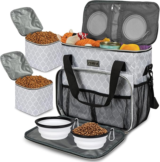 BAGLHER Dog Travel Bag, Pet Travel Bag (ALL Pet Travel Supplies), With 2 Pet Food Containers and 2 Collapsible Silicone Bowls; Essential Kits for Pet Travel DLwhite-PawvioPets