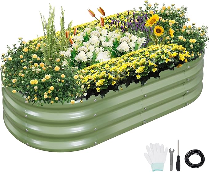 Galvanized Raised Garden Bed Outdoor- Raised Beds for Gardening| Metal Planter Box, Steel Raised Garden Bed Kit with Safety Edging and Gloves for Vegetables, Flower, Herbs (4x2x1FT, Green)-PawvioPets