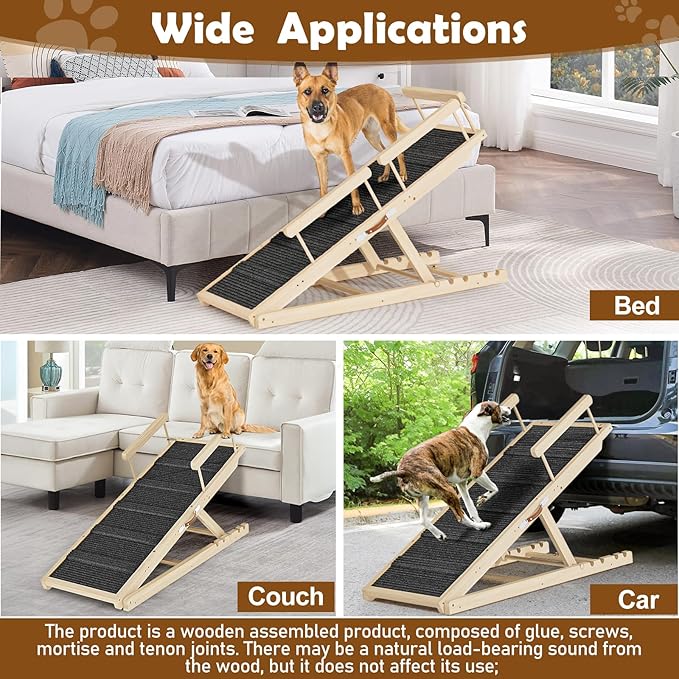 Dog Ramp for Couch, Bed or Car, Wooden 55" Long Pet Stairs for Small & Large Old Dogs & Cats, Hold up to 250lb, 6 Adjustable Height from 19.68" to 27.55" Portable Doggie Steps, Excellent Traction-PawvioPets
