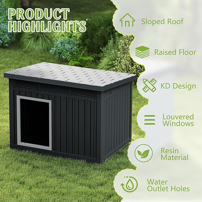 Dog House Indoor Outdoor,Resin Waterproof Puppy Shelter with Air Vents and Elevated Floor,Air Rod on Top to Open,Dog Kennel for Small to Large Dogs(Black,42.87 * 32.95 * 31.61)-PawvioPets