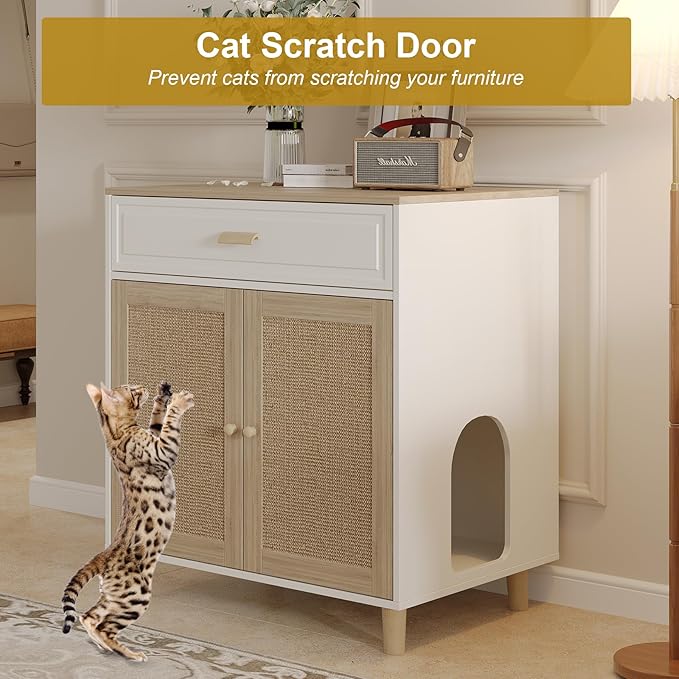Cat Litter Box Enclosure Furniture Hidden - Indoor 2-in-1 Wooden Cat House & Washroom Cabinet with Scratching Board Doors and Drawer, 31.5”x21.6”x34.6”H-PawvioPets