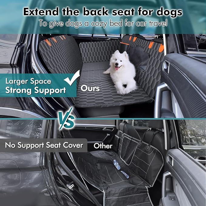 Back Seat Extender for Dogs-Supports 400lb,Hard Bottom Dog Car Seat Cover for Back Seat -Detachable,Scratch Proof Nonslip,Dog Hammock for Car,Truck with Anti-Slip Dispensing-PawvioPets