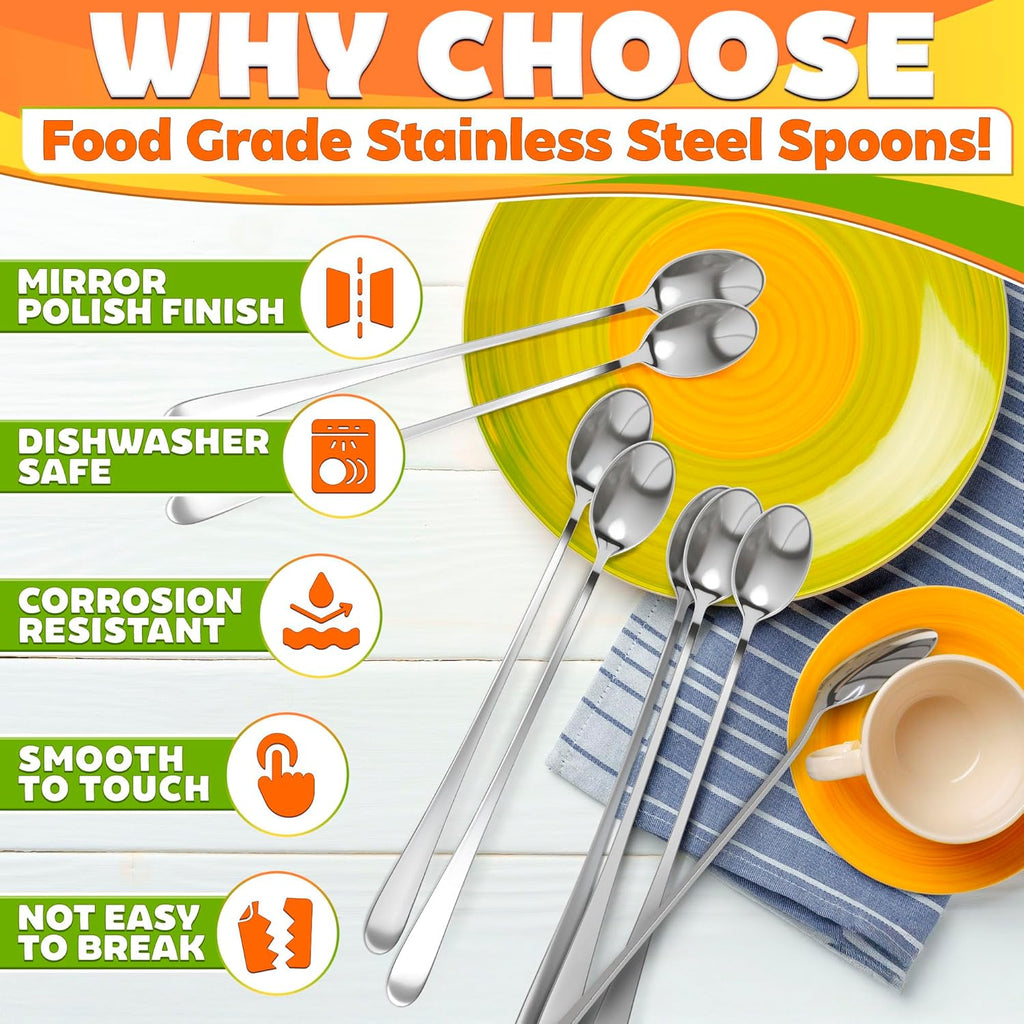 Ice Tea Spoons Long Stainless Steel Set of 8 – 9″ Iced Tea Spoons Long Handle with Classic Elegant Design – Rust-Resistant & Dishwasher Safe | For Milkshakes, Cocktails, Desserts & Tall Glass Drinks