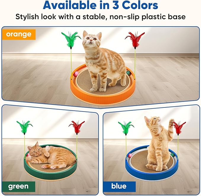 20-Inch Round Cat Scratcher with Ball Track – 3-in-1 Cardboard Scratching Pad with Feather Toy & Non-Slip Base – Interactive Cat Toy for Indoor Cats, Kittens & Large Cats (Blue)-PawvioPets