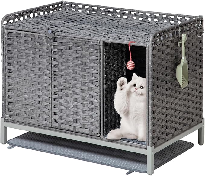 Cat Litter Box Enclosure Furniture with Divider, Handwoven Rattan Litter Box with Mat, 31.2 x 19.6 x 24.2 Inches, Metal Heightened Feet, Hidden Cat House for Living Room, Bedroom (Gray)-PawvioPets