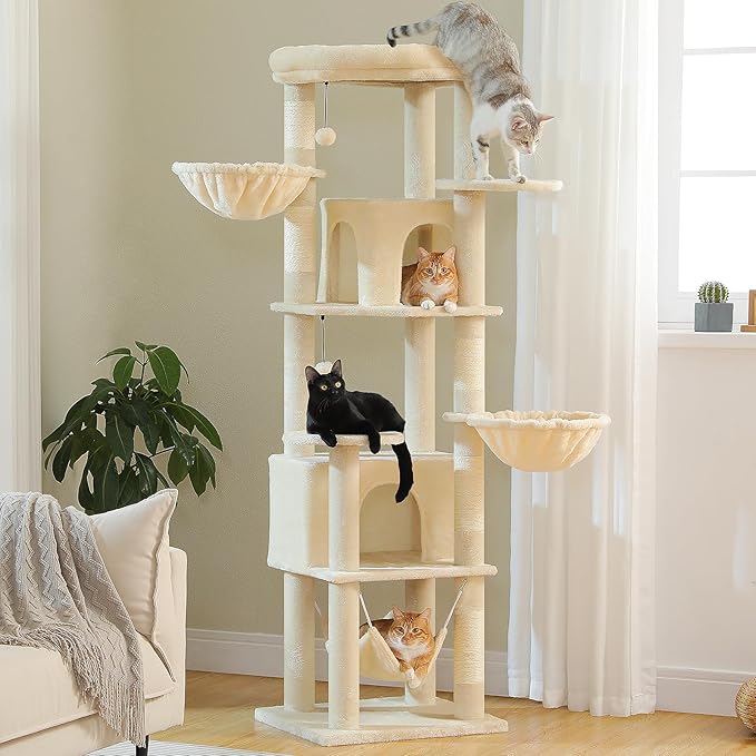 71.2" Tall Cat Tree for Indoor Cats - 9-Level Multi-Cat Tower w/5 Sisal Scratching Posts, 2 Condos, 3 Hammocks, Perch & Pom Poms - Heavy-Duty for Adult Cats, Space-Saving Plush Beige-PawvioPets